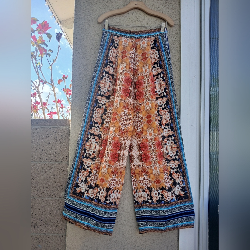 RANNA GILL by ANTHROPOLOGY Floral Wide-Leg Printed Pants in Orange and Blue
